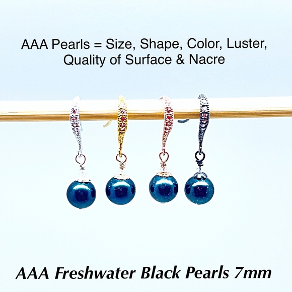 AAA Black Pearl Dangle Earrings on Sterling Silver CZ Hooks in 4 Finishes, NWT - Picture 1 of 7
